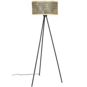 White Label Černá kovová stojací lampa WLL Isla 146 cm s bambusovým stínidlem