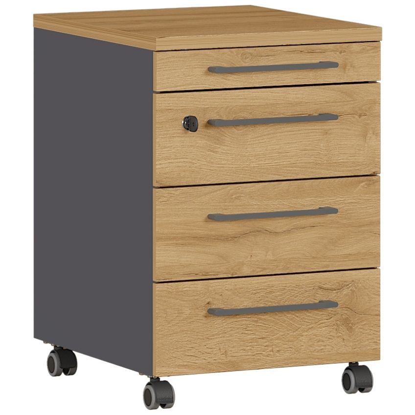 Germania Grafitově šedý pojízdný kontejner Agenda 42 x 49 cm s dubovým dekorem